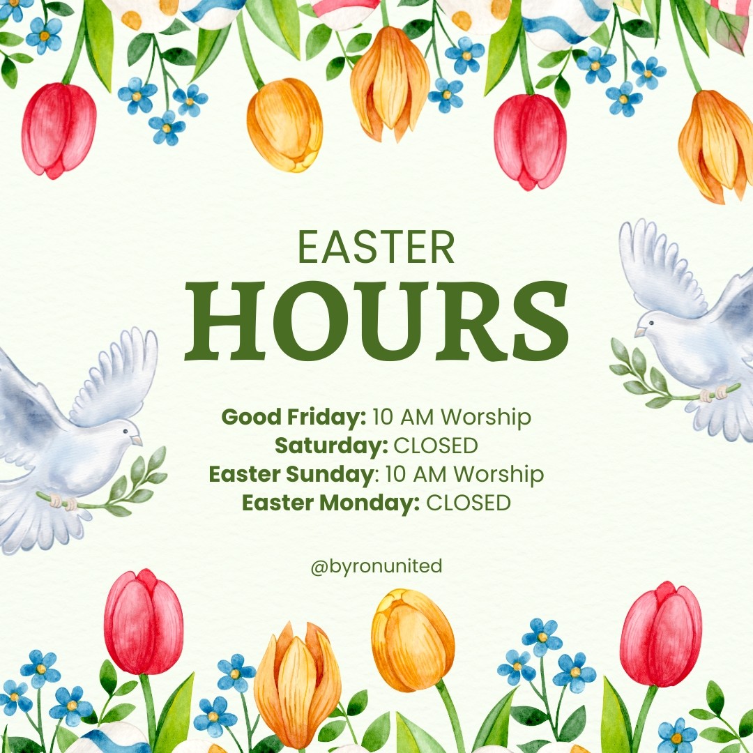 The top and bottom of the graphic are spring flowers. In the middle of the image is text that says "Easter HOURS."